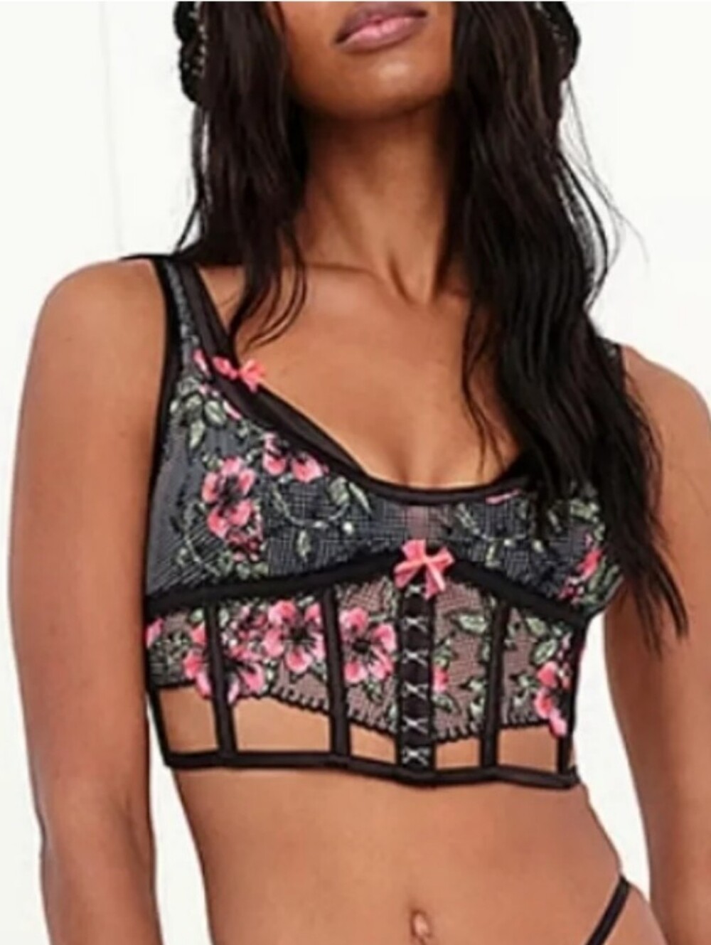 For Love & Lemons Black Sheer Floral Longline Bralette with Pink Embroidery